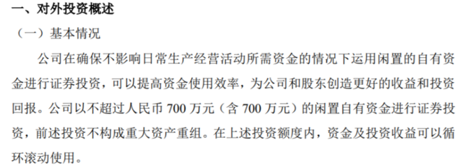 思為客利用閑置自有資金開展證券投資，額度不超700萬元